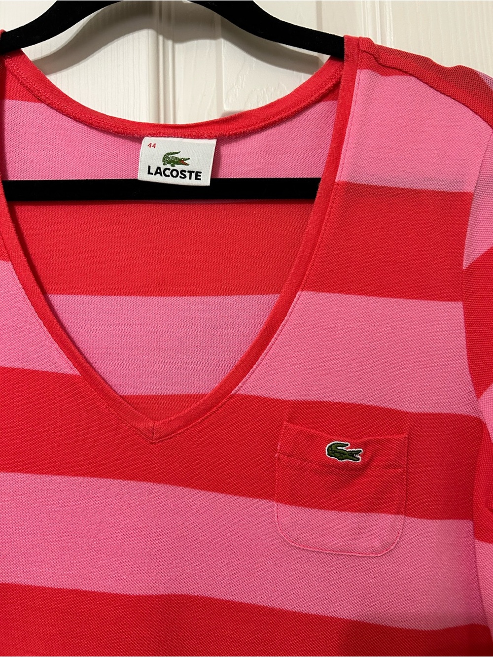 Lacoste Short Sleeve V-Neck Striped Tee in Pink & Red size 44 (US XL) casual - Picture 3 of 4